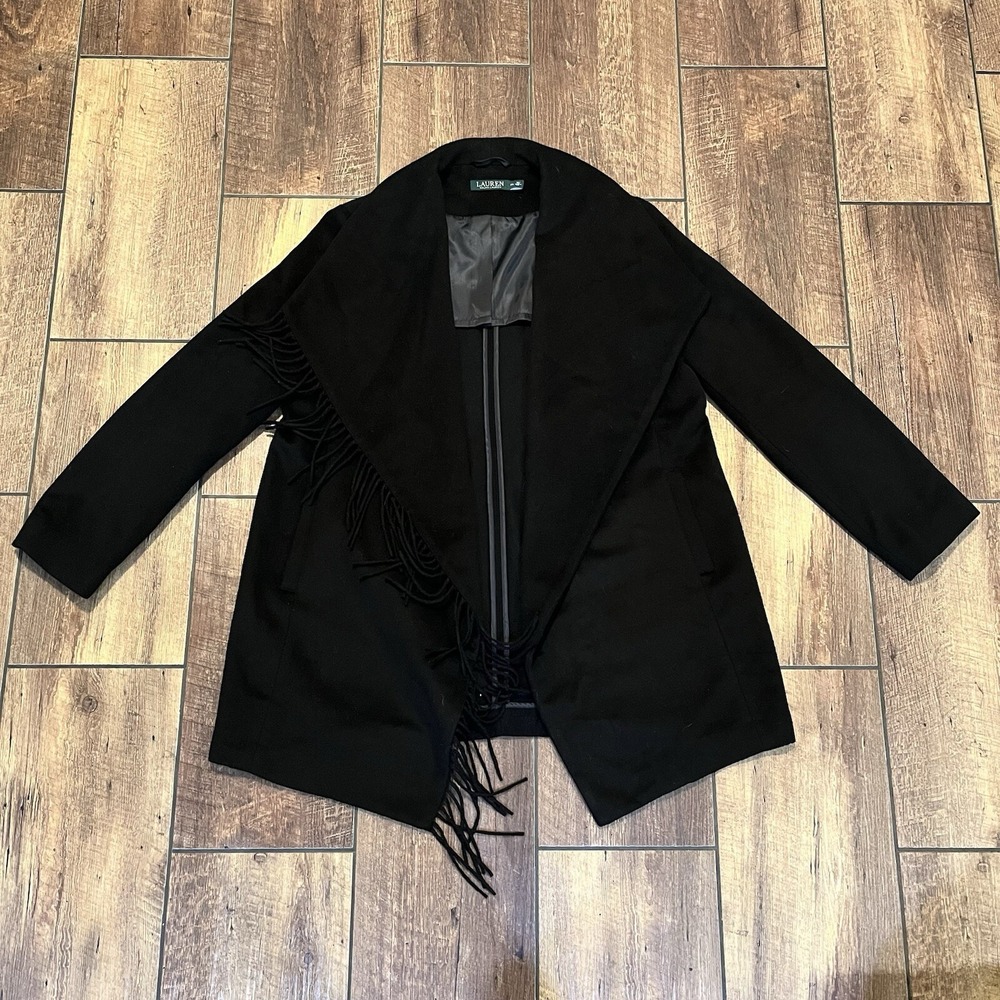 Lauren Ralph Wool Blanket Jacket Laganlook Wrap Fringe Size PXL Black Western